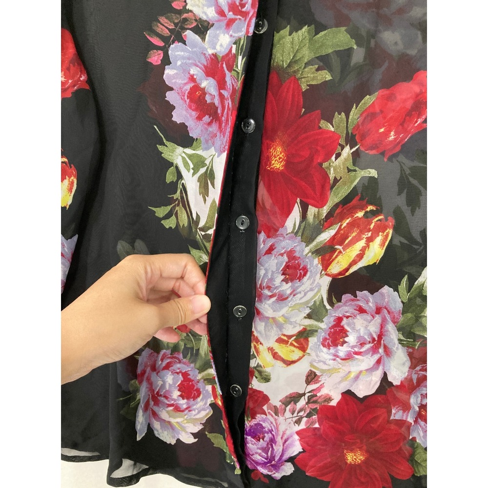 Dressbarn Blouse XL Black Floral Sheer Button Down Long Sleeve Top Feminine - Picture 7 of 9
